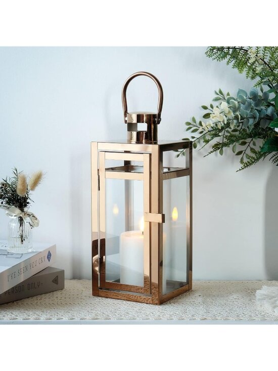 Other - New Rose Gold 12 Inch Stainless Steel Metal Candle Lantern Glass Panel Decor